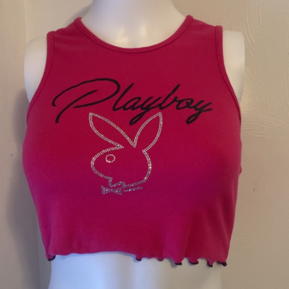 PLAYBOY Hot Pink Rhinestone Bunny Crop Tank